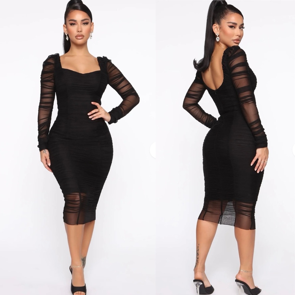 Fashion Nova Did You Mesh Me Ruched Midi Dress - Black/Black Size Large